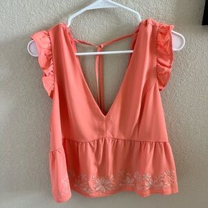 Lily Star Coral Ruffle Embroidered Blouse